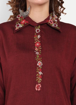 Maroon Cotton Silk Embroidered Work Designer Kurti for Casual
