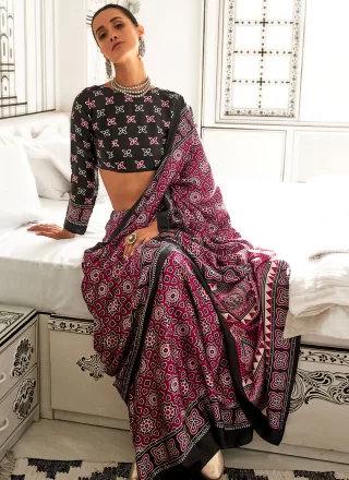 Maroon Crepe Silk Contemporary Sari with Print Work for Women
