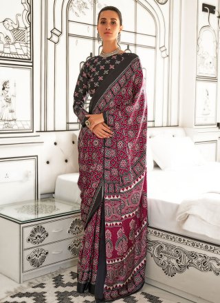 Maroon Crepe Silk Contemporary Sari with Print Work for Women