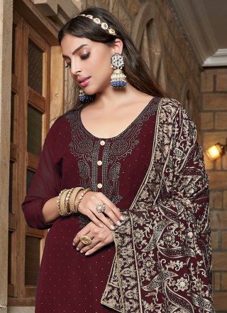 Maroon Diamond and Embroidered Work Georgette Palazzo Salwar Suit