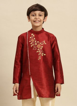 Maroon Dupion Silk Angrakha Kids Wear with Embroidered Work for Kid