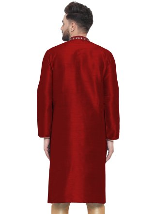 Maroon Dupion Silk Embroidered Work Kurta Mens Wear for Engagement