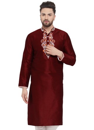 Maroon Dupion Silk Kurta Mens Wear with Embroidered Work for Men