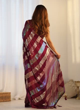 Maroon Embroidered and Sequins Work Georgette Casual Sari