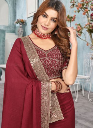 Maroon Embroidered and Zari Work Vichitra Silk Traditional Saree