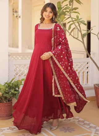 Maroon Embroidered, Sequins and Zari Work Vichitra Silk Designer Gown