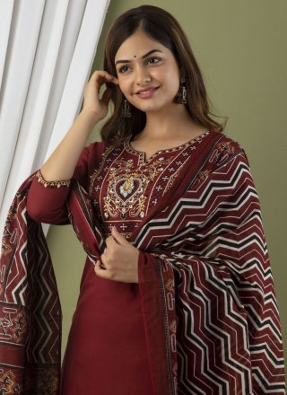 Maroon Embroidered Work Cotton Readymade Salwar Suit