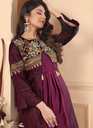 Maroon Embroidered Work Silk  Designer Gown