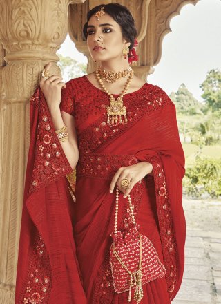 Maroon Fancy Fabric Contemporary Saree with Embroidered, Mirror and Woven Work