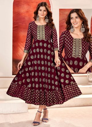 Maroon Faux Georgette Designer Gown with Embroidered, Foil Print and Sequins Work for Women