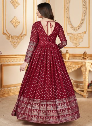 Maroon Faux Georgette Designer Gown with Foil Print Work