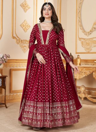 Maroon Faux Georgette Designer Gown with Foil Print Work