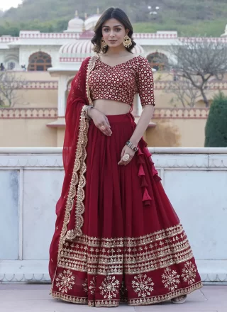 Maroon Faux Georgette Embroidered and Sequins Work Lehenga Choli for Women