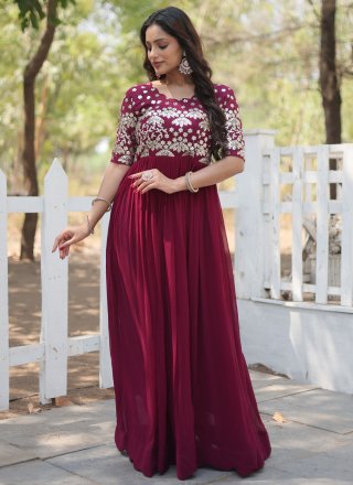 Maroon Faux Georgette Embroidered, Sequins and Zari Work  Designer Gown