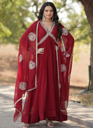 Maroon Faux Georgette Embroidered, Sequins and Zari Work Gown for Ceremonial