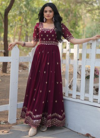 Maroon Faux Georgette Embroidered, Sequins and Zari Work Gown for Festival