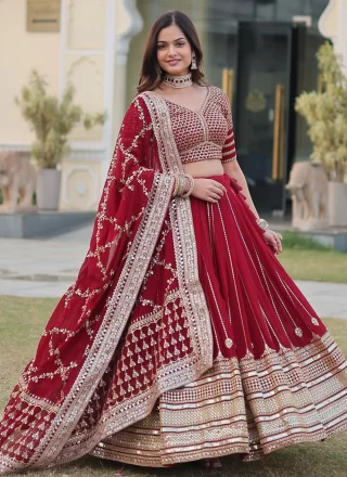 Maroon Faux Georgette Embroidered, Sequins and Zari Work Lehenga Choli for Engagement