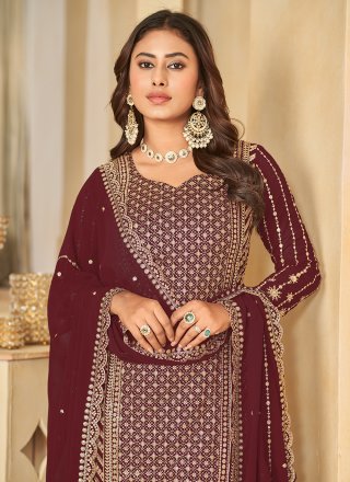 Maroon Faux Georgette Embroidered Work Salwar Suit for Women