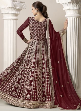 Maroon Faux Georgette Embroidered Work Salwar Suit for Women
