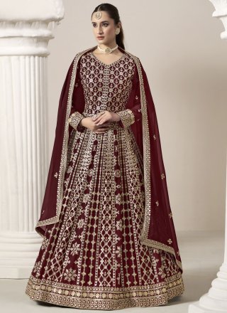 Maroon Faux Georgette Embroidered Work Salwar Suit for Women