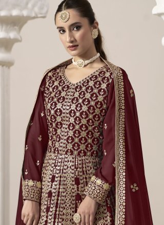 Maroon Faux Georgette Embroidered Work Salwar Suit for Women