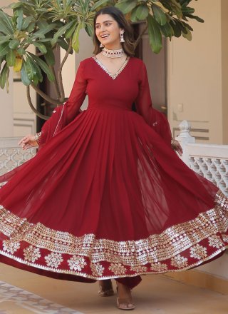 Maroon Faux Georgette Indian Gown with Embroidered and Sequins Work