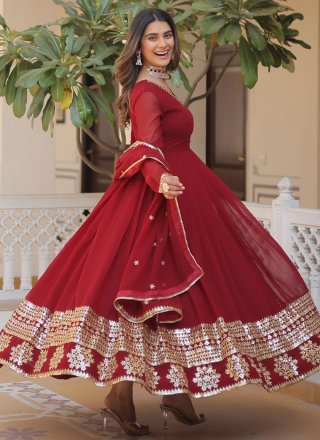 Maroon Faux Georgette Indian Gown with Embroidered and Sequins Work