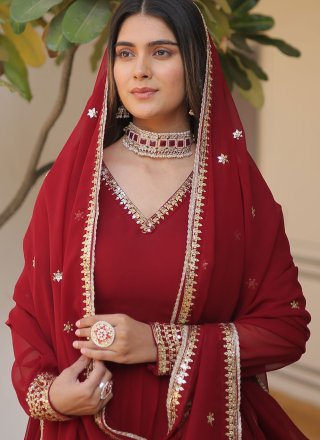 Maroon Faux Georgette Indian Gown with Embroidered and Sequins Work