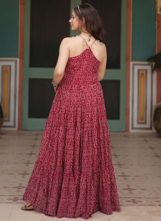 Maroon Faux Georgette Patch Border and Print Work Gown for Women