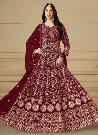 Maroon Faux Georgette Salwar Suit with Embroidered and Sequins Work