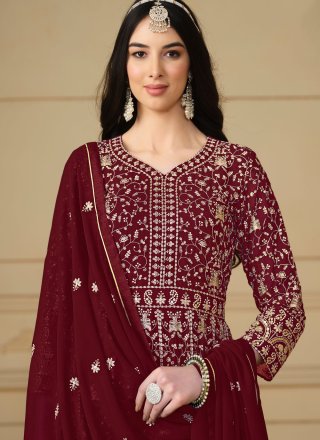 Maroon Faux Georgette Salwar Suit with Embroidered and Sequins Work