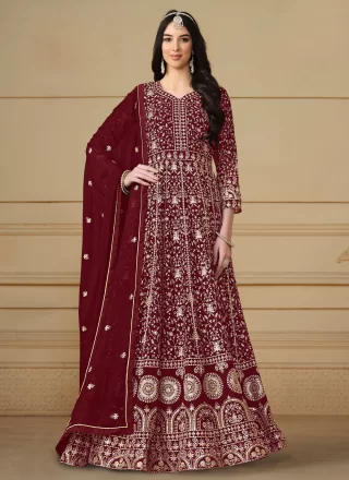 Maroon Faux Georgette Salwar Suit with Embroidered and Sequins Work