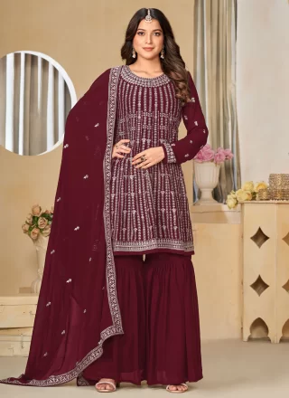 Maroon Faux Georgette Salwar Suit with Embroidered Work for Women