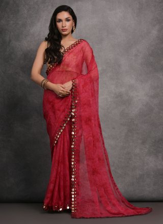 Maroon Georgette Classic Sari with Mirror and Print Work for Women