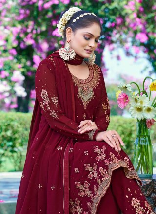 Maroon Georgette Embroidered Work Salwar Suit for Women