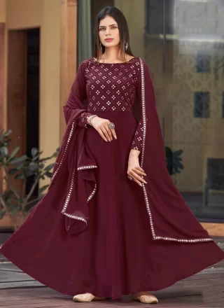 Maroon Georgette Gown with Foil Print and Mirror Work for Women