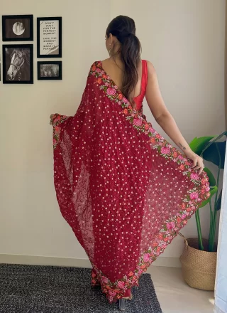 Maroon Georgette Traditional Saree with Embroidered, Sequins and Thread Work
