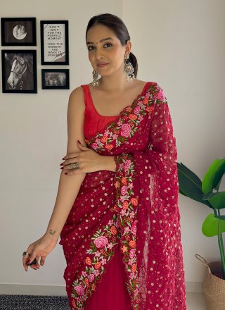 Maroon Georgette Traditional Saree with Embroidered, Sequins and Thread Work