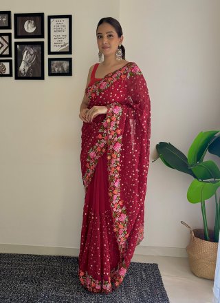 Maroon Georgette Traditional Saree with Embroidered, Sequins and Thread Work
