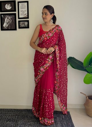 Maroon Georgette Traditional Saree with Embroidered, Sequins and Thread Work