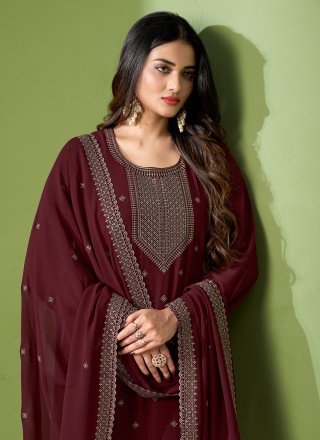 Maroon Georgette Trendy Suit with Embroidered Work for Festival