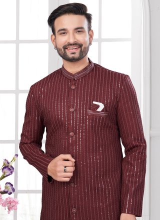 Maroon Imported Sherwani Mens Wear with Machine Embroidery and Thread Work for Men