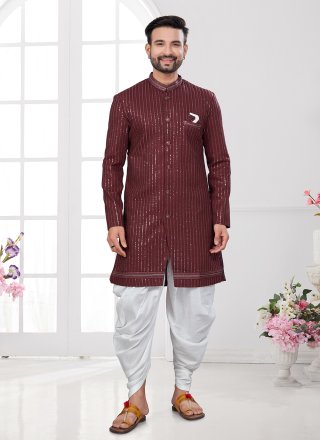Maroon Imported Sherwani Mens Wear with Machine Embroidery and Thread Work for Men