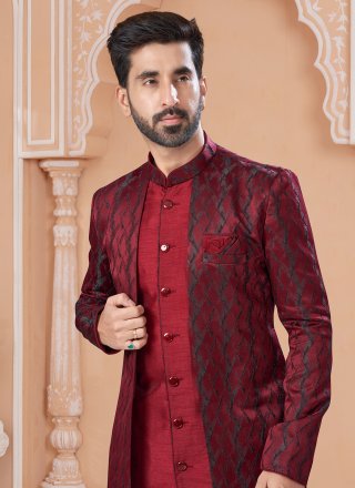 Maroon Jacquard Embroidered and Thread Work Indo Western Sherwani