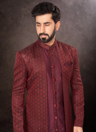Maroon Jacquard Fancy and Thread Work Indo Western for Festival