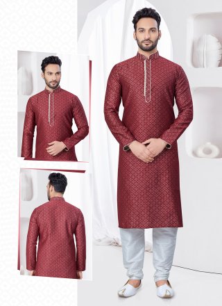 Maroon Jacquard Machine Embroidery Work Kurta Pyjama for Ceremonial