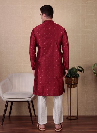 Maroon Jacquard Silk Embroidered, Mirror and Woven Work Kurta Pyjama for Casual