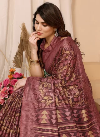 Maroon Khadi Designer Sari with Print Work for Ceremonial