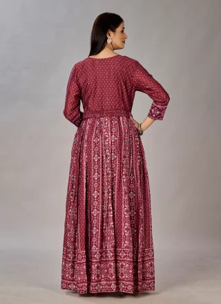 Maroon Muslin Digital Print, Embroidered and Sequins Work Designer Gown
