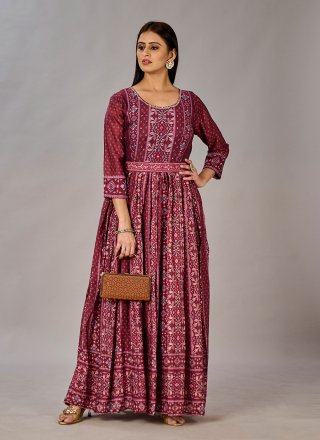 Maroon Muslin Digital Print, Embroidered and Sequins Work Designer Gown